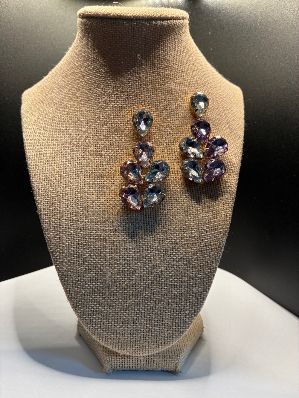 Aurora Borealis iridescent  light Purple, Pink and blue gold-tone drop earrings